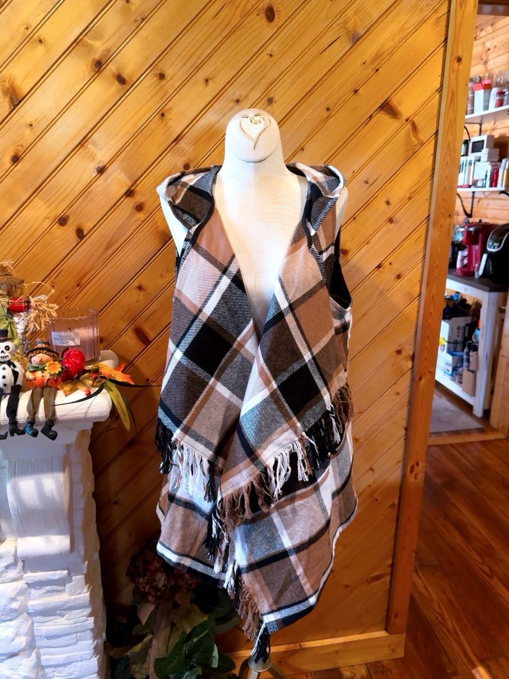Plaid Hooded Waterfall Fringe Blanket Vest Size Medium